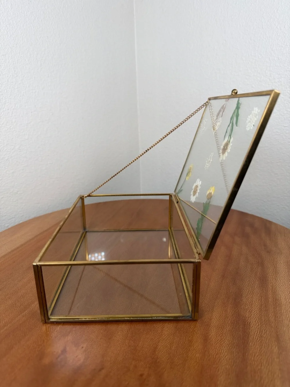 Vintage Dried Pressed Flower Glass Jewelry Box Delicate Cottagecore Gold Daisy’s